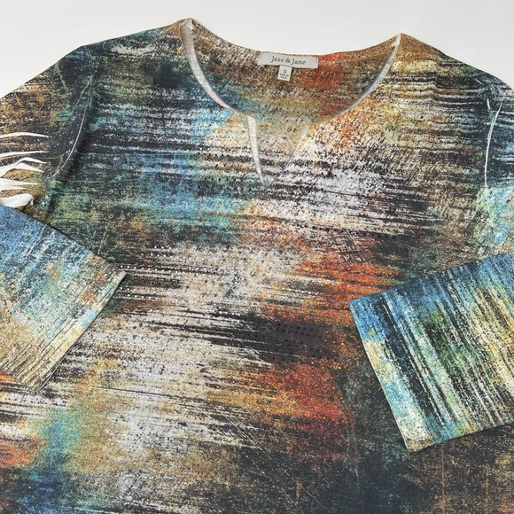 Jess & Jane Tops - Jess & Jane Sheer Hem Artsy Jeweled 3/4 Sleeve Tunic Top Size S‎ Wearable Art